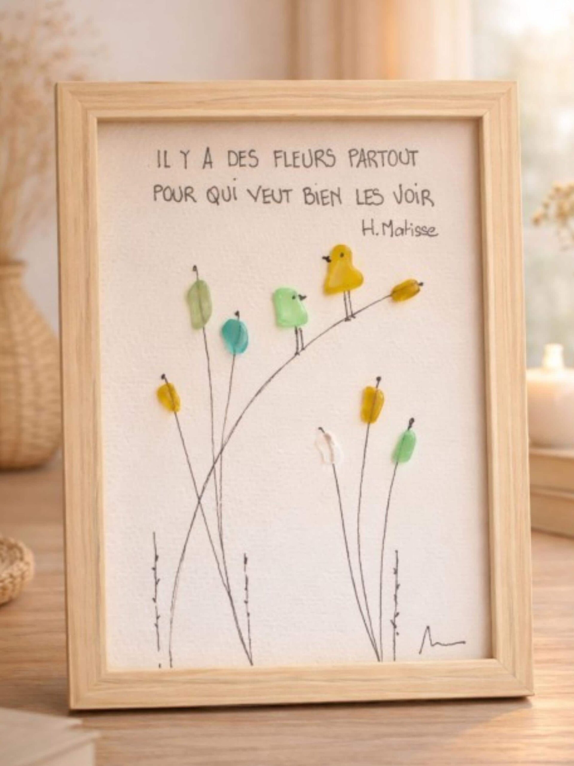Cadre en verre poli – Citation inspirante – Décoration murale artisanale Provence – Art floral fait main – Cadeau poétique - Seaglass