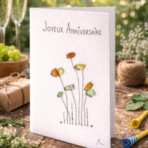 Carte Joyeux Anniversaire artisanale – Carte anniversaire fait main – Carte originale fleurs en verre marin – Cadeau unique