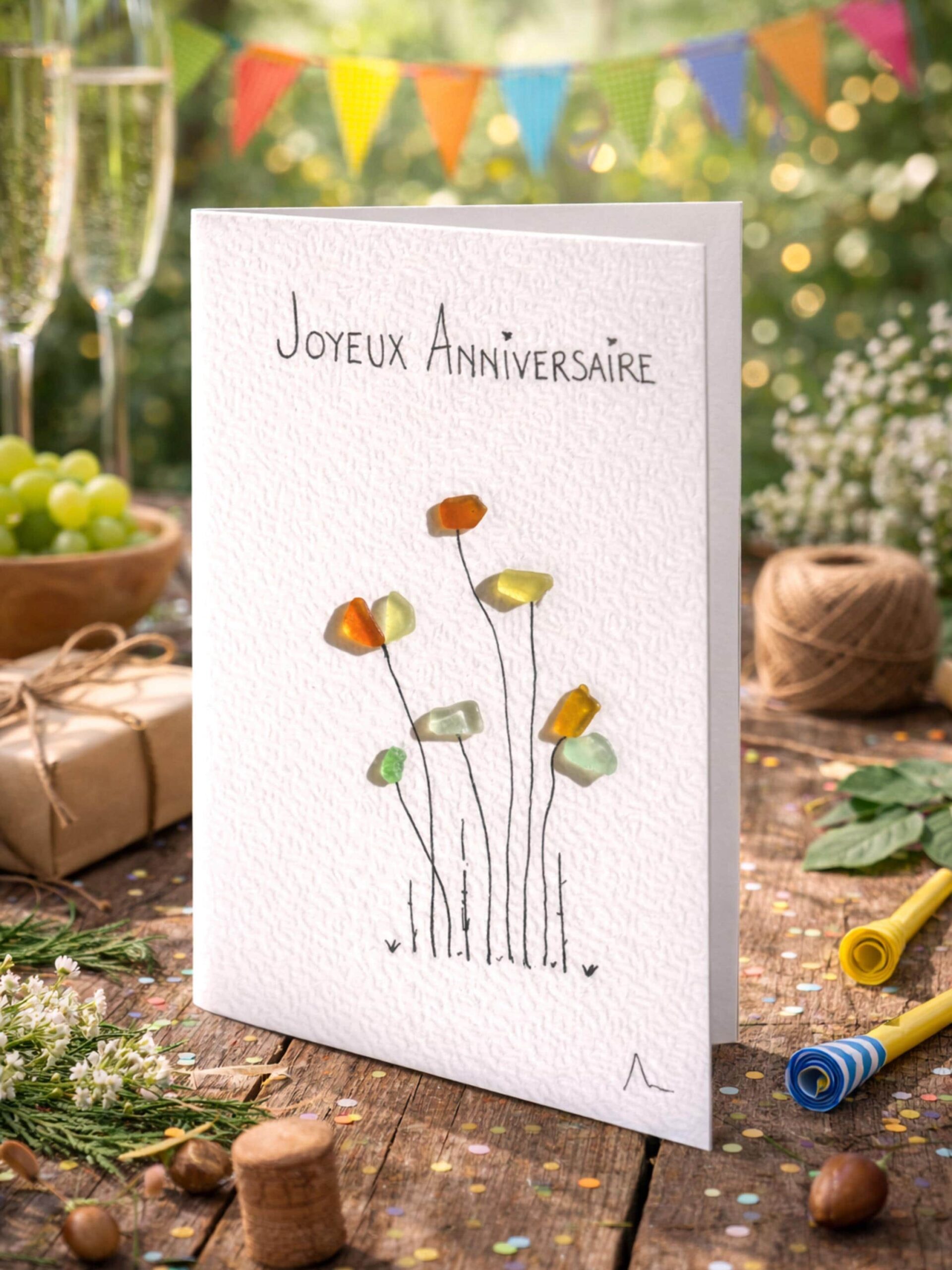 Carte Joyeux Anniversaire artisanale – Carte anniversaire fait main – Carte originale fleurs en verre marin – Cadeau unique
