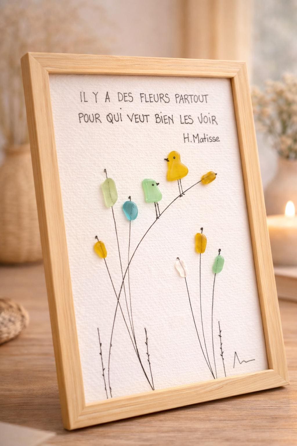 Cadre en verre poli – Citation inspirante – Décoration murale artisanale Provence – Art floral fait main – Cadeau poétique - Seaglass - Image 4