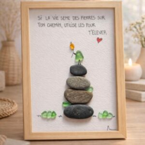 Cadre Galets Citation Inspirante – Tableau Sea Glass Art – Cadeau Motivation Femme – Décoration Zen Minimaliste – Art Pierres Naturelles