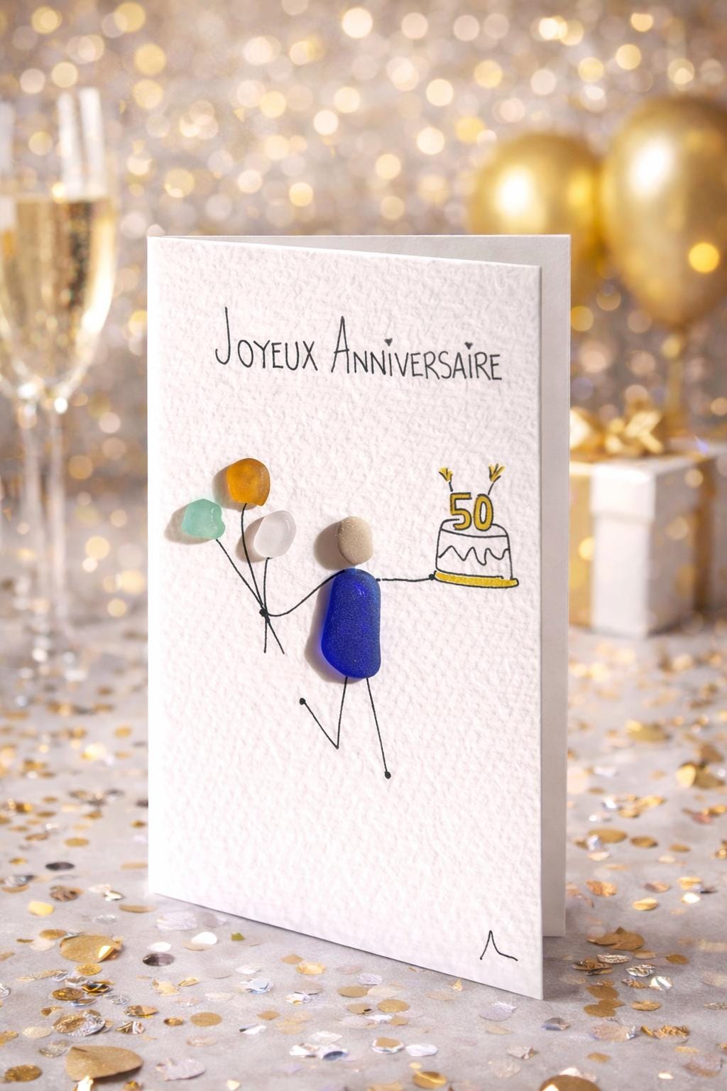 Carte anniversaire personnalisable galets – Carte Joyeux Anniversaire artisanale – Carte anniversaire originale femme homme - Carte jubilé - Image 3