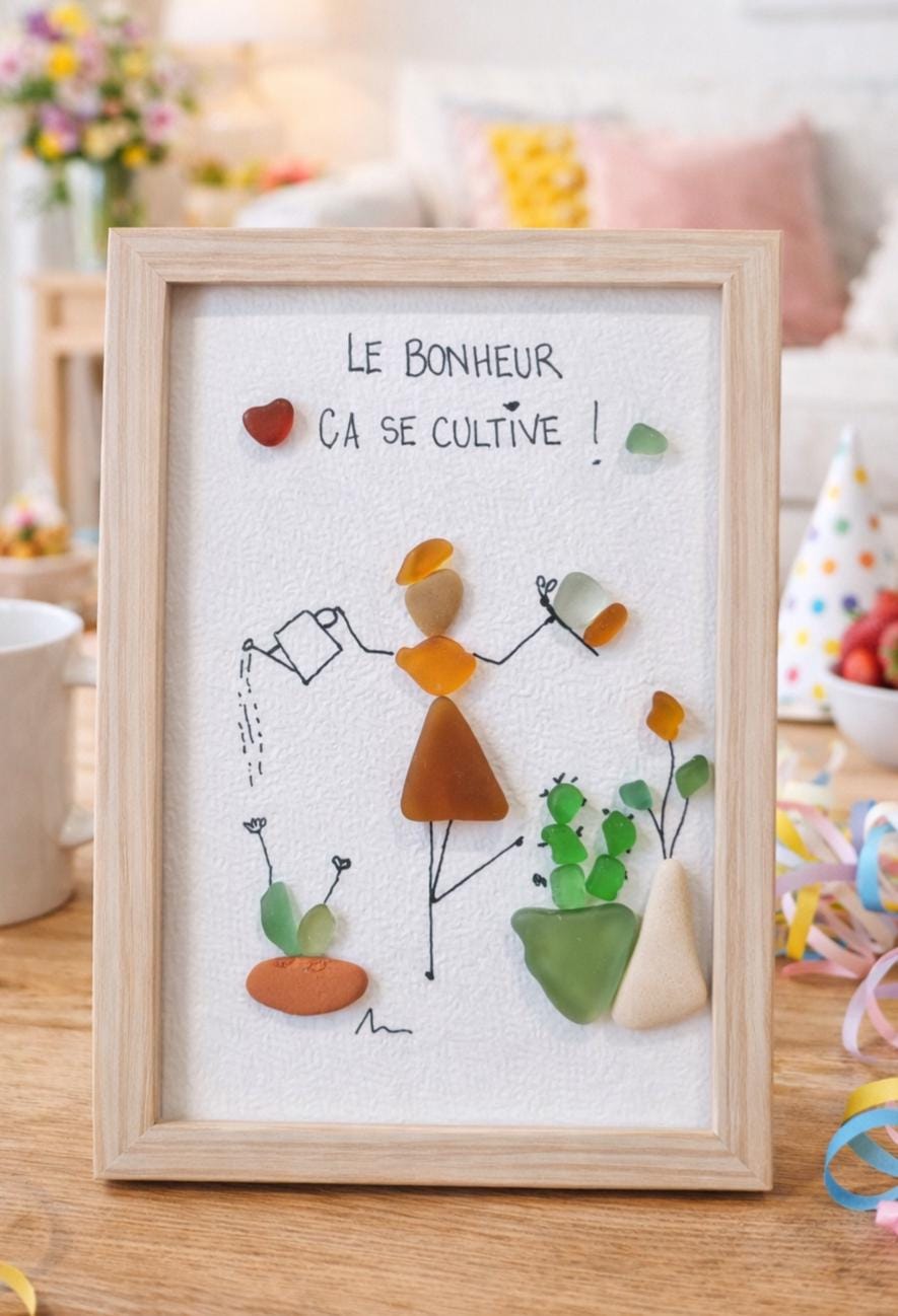 Cadre galets personnalisable bonheur, cadeau original femme, déco zen nature, tableau galets message positif fait main - Seaglass