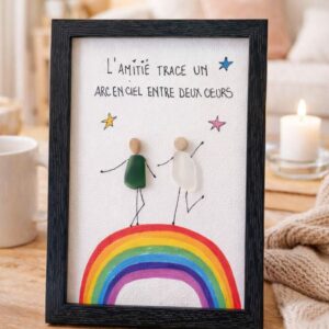 Cadre amitié arc-en-ciel en galets et verre poli – Cadeau meilleure amie personnalisé – Décoration amitié – Pebble art – Cadeau unique