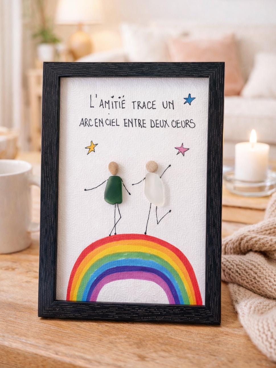 Cadre amitié arc-en-ciel en galets et verre poli – Cadeau meilleure amie personnalisé – Décoration amitié – Pebble art – Cadeau unique