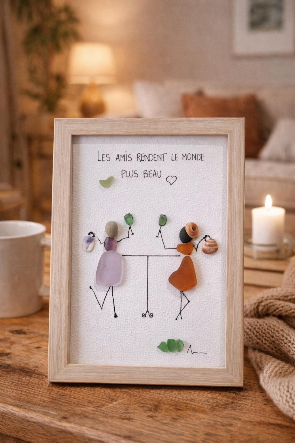 Cadre amitié personnalisé verre poli – Cadeau meilleure amie original – Tableau apéro galets – Décoration amitié unique – Cadeau femme