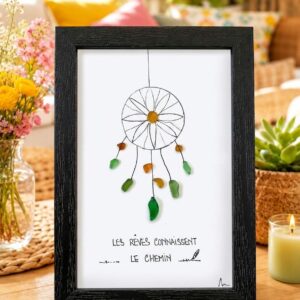 Attrape-rêves en verre de mer personnalisé – Cadre artisanal bohème fait main – Décoration zen et spirituelle unique