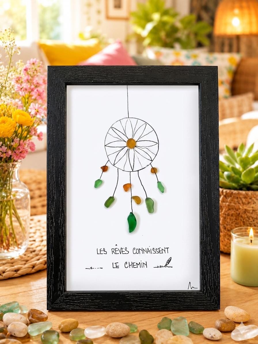 Attrape-rêves en verre de mer personnalisé – Cadre artisanal bohème fait main – Décoration zen et spirituelle unique