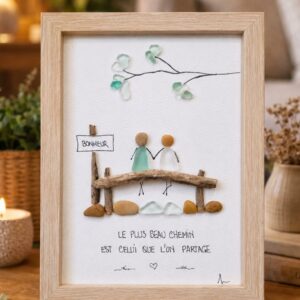 Cadre personnalisé en verre poli et bois flotté – Cadeau couple personnalisé – Décoration romantique artisanale – Tableau galets et seaglass