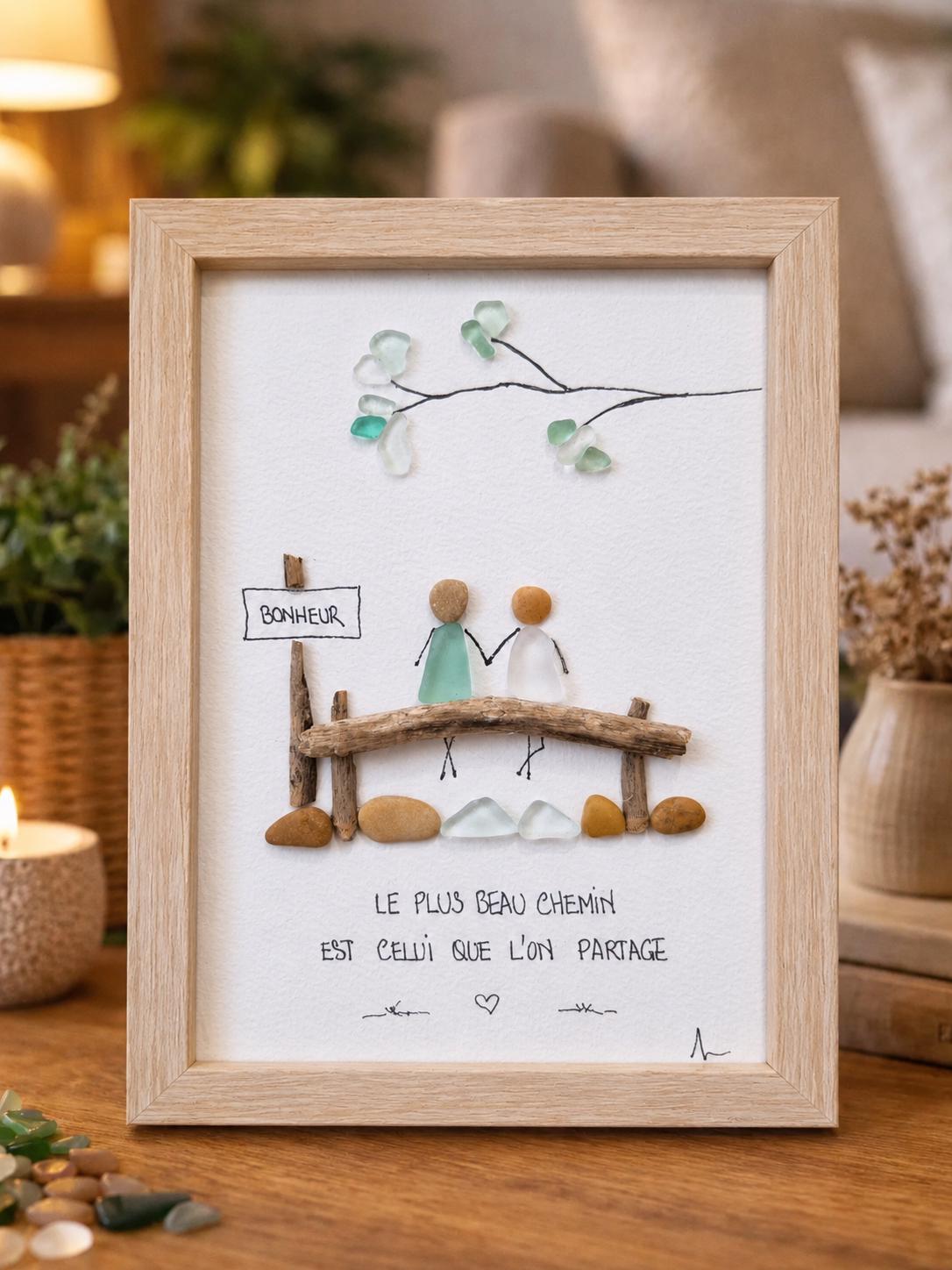 Cadre personnalisé en verre poli et bois flotté – Cadeau couple personnalisé – Décoration romantique artisanale – Tableau galets et seaglass