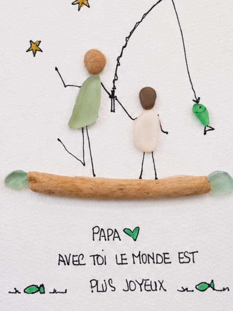 Cadeau Papa Personnalisé Galet de Mer et Bois Flotté | Tableau Famille Pêche | Cadeau Fête des Pères Unique avec Cadre - Image 2