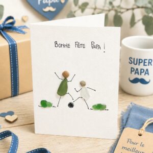 Carte Fête des Pères personnalisée galets et verre marin – Cadeau Papa unique fait main – Texte personnalisé gratuit
