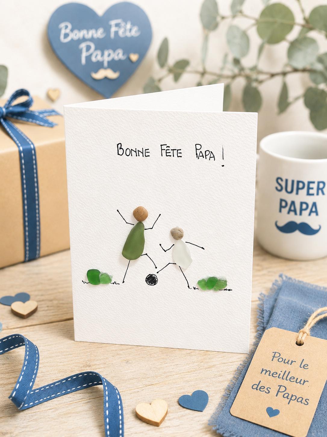 Carte Fête des Pères personnalisée galets et verre marin – Cadeau Papa unique fait main – Texte personnalisé gratuit