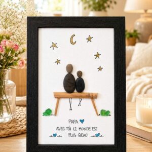 Cadeau Papa Personnalisé Galets & Verre de Mer – Cadre Artisanal Famille Père Enfant – Décoration Émotionnelle Unique