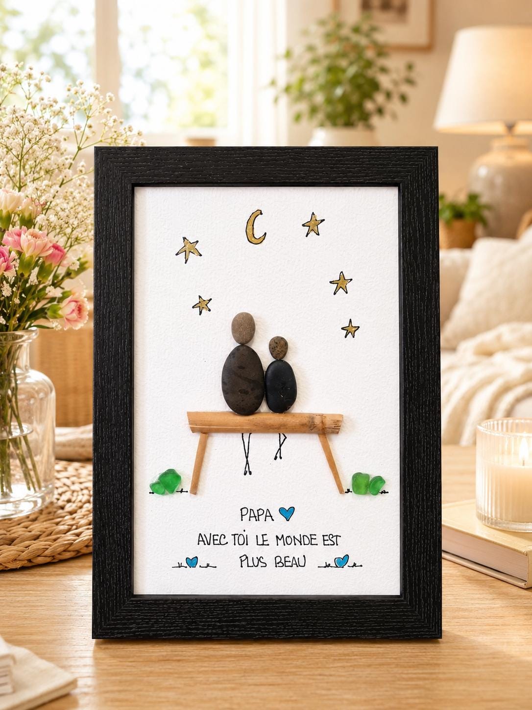 Cadeau Papa Personnalisé Galets & Verre de Mer – Cadre Artisanal Famille Père Enfant – Décoration Émotionnelle Unique