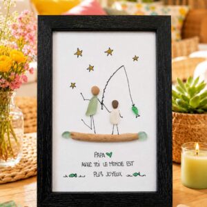 Cadeau Papa Personnalisé Galet de Mer et Bois Flotté | Tableau Famille Pêche | Cadeau Fête des Pères Unique avec Cadre