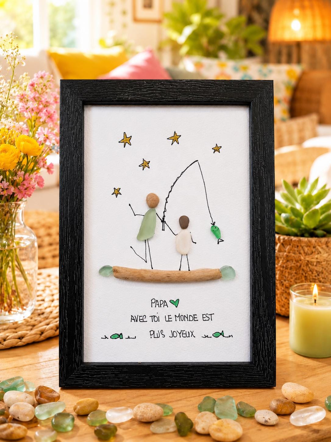 Cadeau Papa Personnalisé Galet de Mer et Bois Flotté | Tableau Famille Pêche | Cadeau Fête des Pères Unique avec Cadre