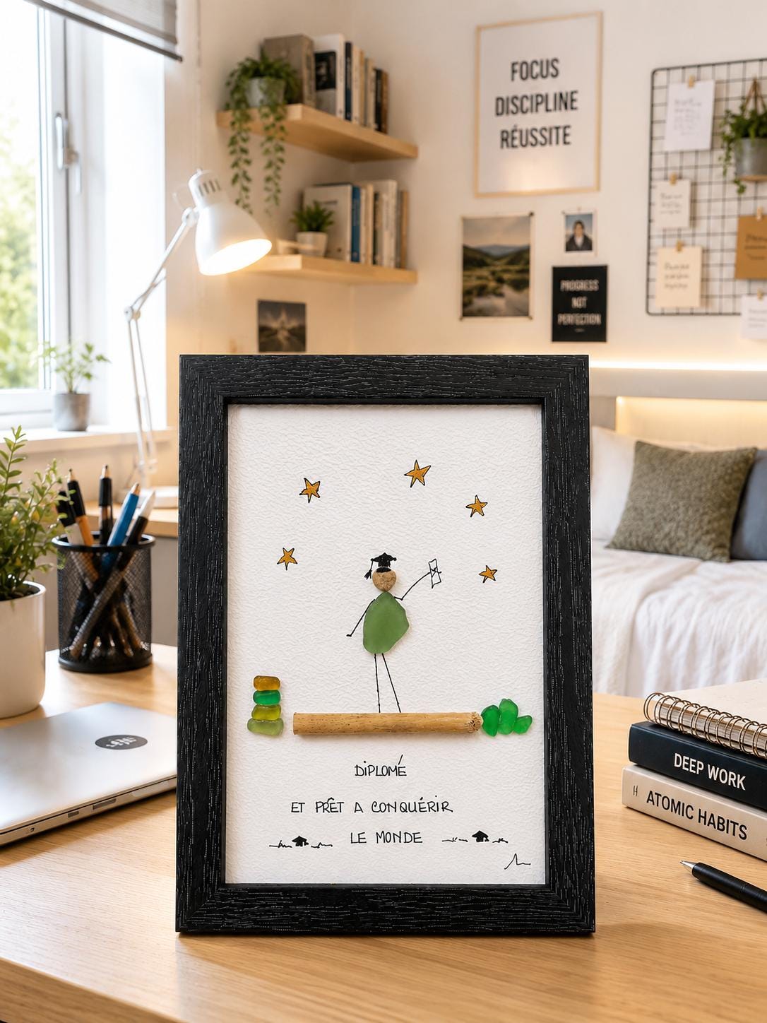 Cadeau Diplôme Personnalisé Galets et Verre de Mer | Tableau Étudiant Diplômé | Cadeau Remise de Diplôme Unique Cadre