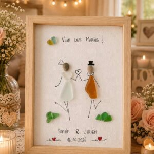 Cadre Mariage personnalisé en verre marin et galets – Cadeau jeunes mariés – Texte et couleur du cadre au choix