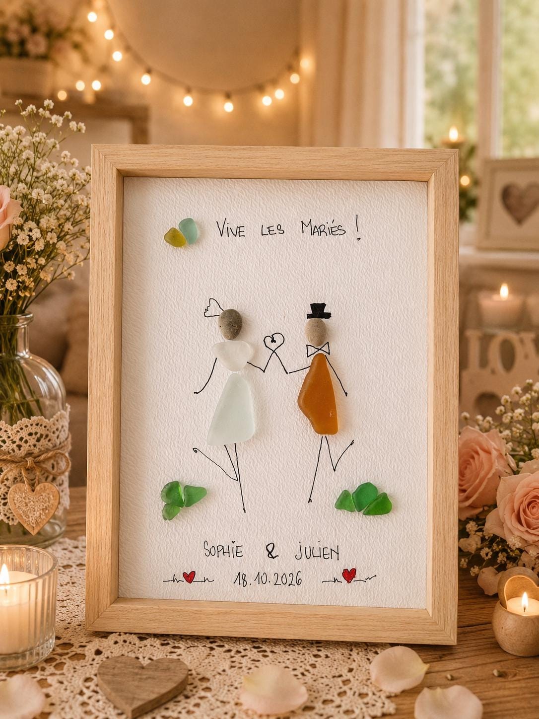 Cadre Mariage personnalisé en verre marin et galets – Cadeau jeunes mariés – Texte et couleur du cadre au choix